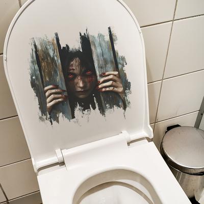 Halloween: A Female Ghost Peeping Through The Door Crack In The Bathroom Toilet and Toilet. Stickers for Beautification and Decoration