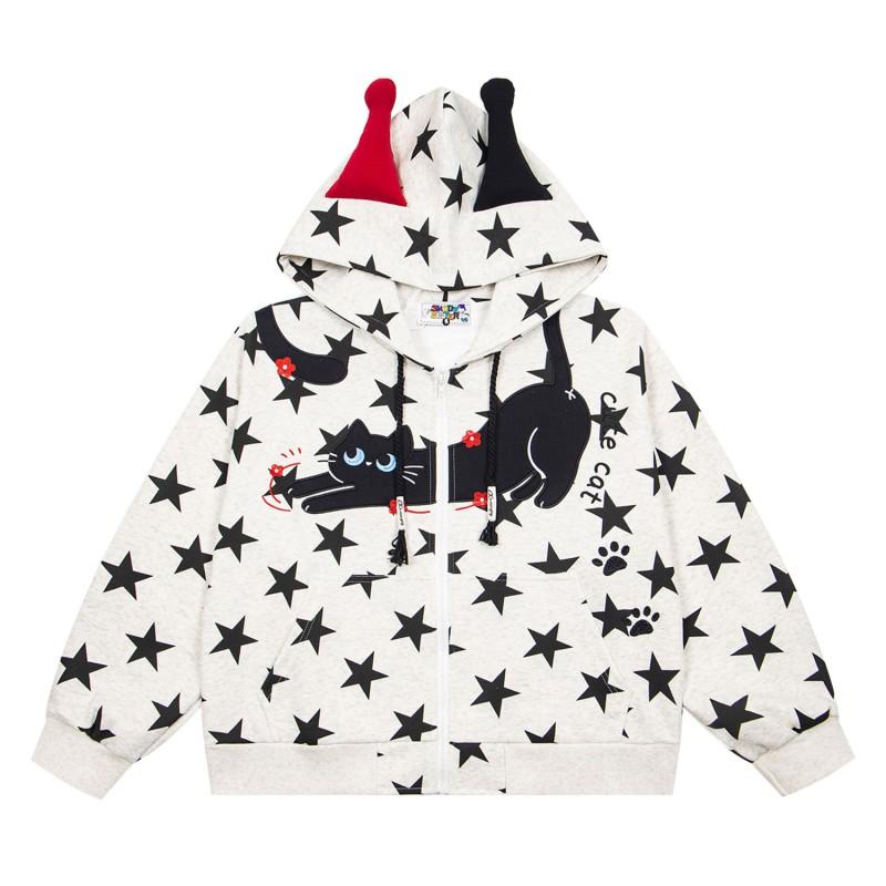 American Vintage Star Black Cat Embroidery Cute Ear Zip Up Hoodie Loose Fit Men Women