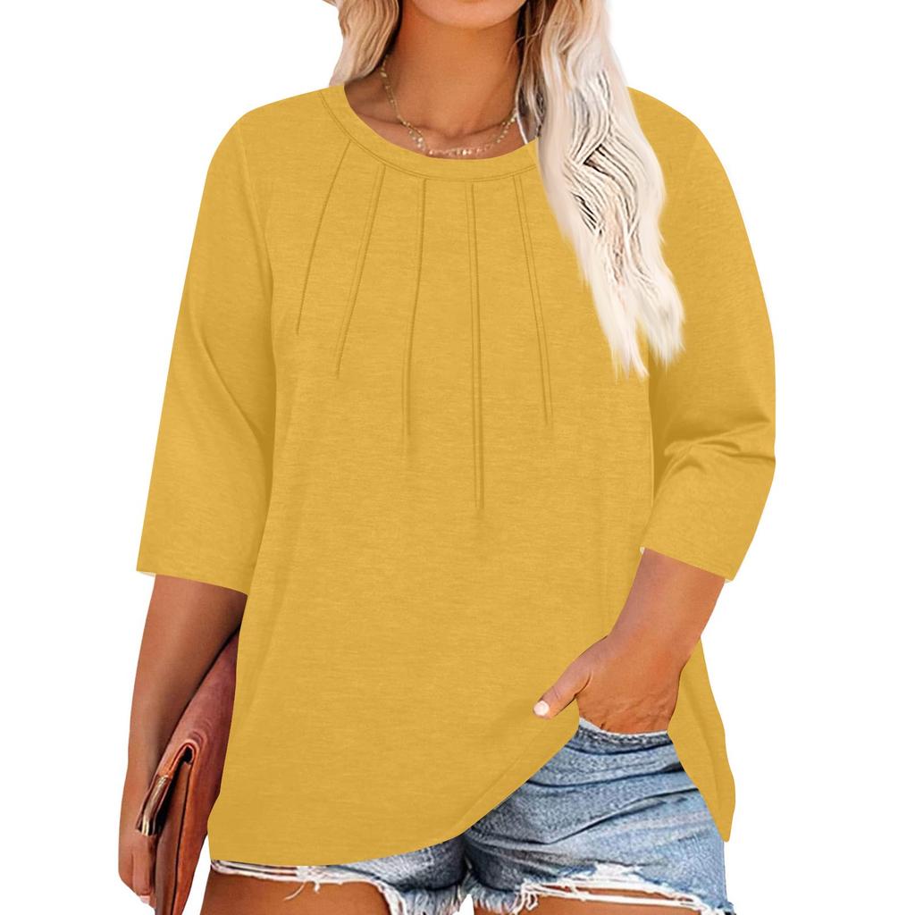 Women's Solid Color Round Neck Plus Size Tops 3/4 Sleeves Elegant Shirt Tops