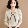 Women's Ribbed Knit Long-Sleeve Collared Sweater with Ribbon Detail