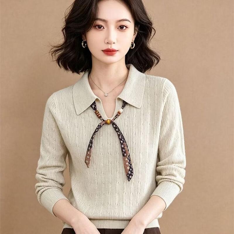 Women's Ribbed Knit Long-Sleeve Collared Sweater with Ribbon Detail