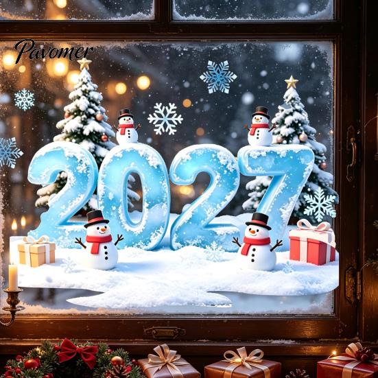 Holiday Glass Stickers 2027 Christmas Winter Window Cling, Static Sticker with Snowman, Bathroom Decoration Tree, Snowfalke, Removable Waterproof Door