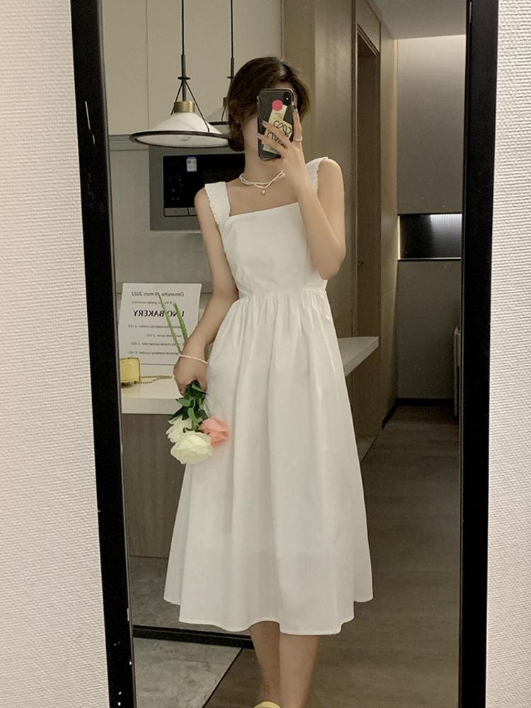 Elegant Solid Suspender Dress Women Fashion Square Neck Sleeveless Holiday Vestidos Casual Female Black Streetwear