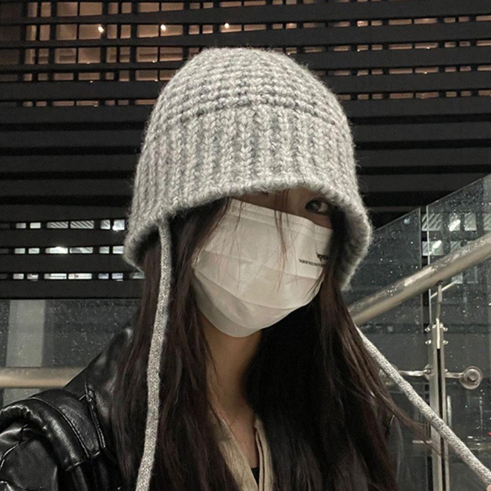 

Hand-crocheted Y2k Knitted Hat Korean Style Tie Pullover Hat Fashion Knit Bucket Hat Women