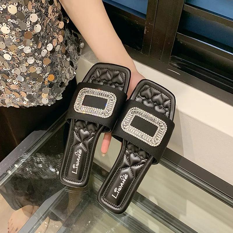 Fashion Ladies Shoes 2024 Brand Basic Women's Slippers Fashion Crystal Daily Slippers Women Summer Square Toe Peep Toe Flat Slippers