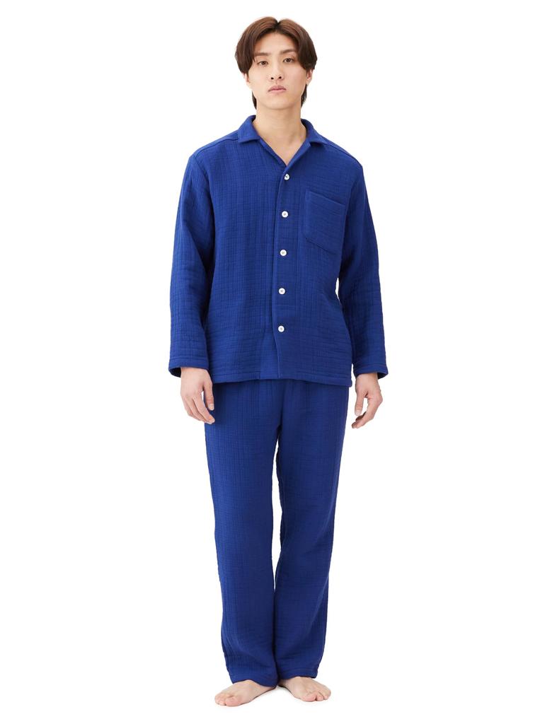 Gunze KAIMIN NAVI Collaboration with Long Sleeve and Royal Size L Men's Pajamas, UCHINO, Pants, Waffle-In Gauze, Blue,