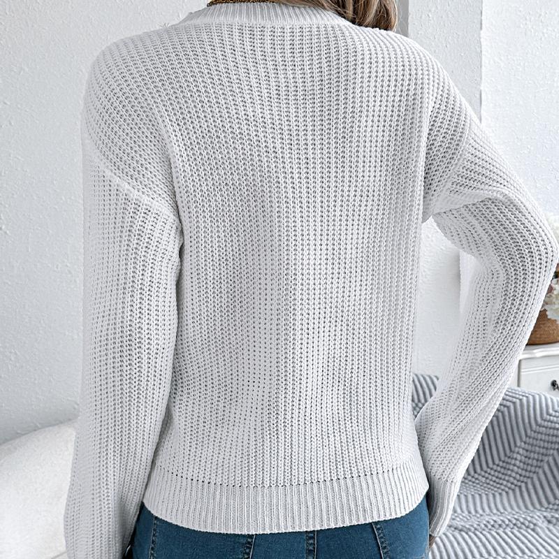 Women's Keyhole V-Neck Pullover with Puff Sleeves Solid Color Casual Knit Sweater