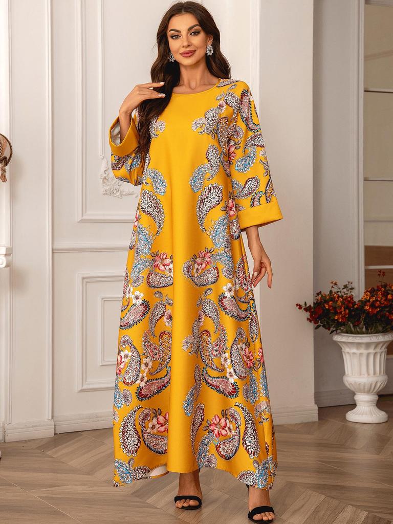 Robe Longue Musulmane pour Femmes Transfrontalière - Col Rond, Manches Longues, Florale, Design Perlé