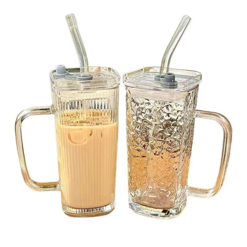 INS-Style Transparent Glass Tumbler with Handle - Stylish Summer Juice Cup with Vertical Stripes