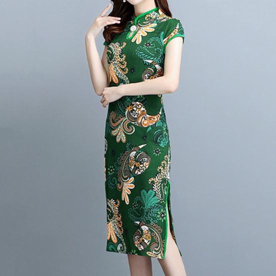 Lady Cheongsam Chinese Style Vintage Stand Collar High Split Summer Qipao for Stage Show