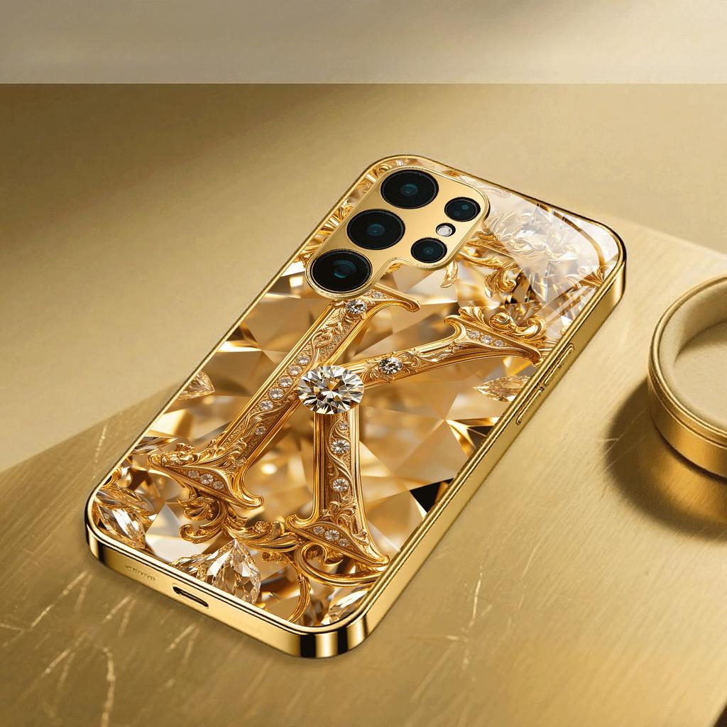 Gold-plated Tempered Glass Phone Case, Compatible Galaxy S26 S25 S24 S23 S22 Ultra Plus. Features Elegant Exquisite Engraving.