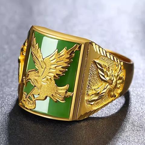 Premium Gold AU999 Men's Rings Fashionable Domineering Eagle Ring 24 Real Gold Large-picture Ring Inlaid Agate Cedar Ring