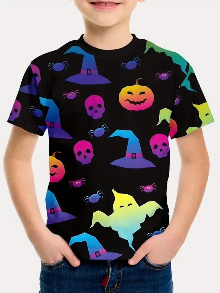 Halloween Printed T-Shirts Casual Round Neck Short-Sleeved Tops Summerand Children's Boys and Girls Fashion 3D Print Clothing