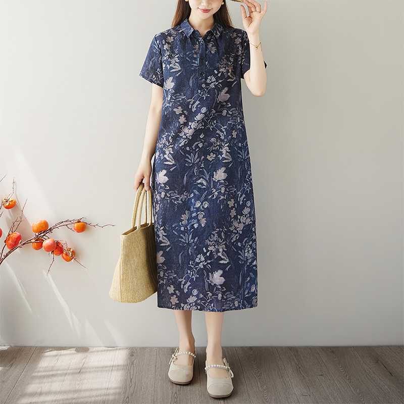 Women Floral Print Linen Blend Midi Dress Lapel Short Sleeve Loose A Line Casual Summer Dress