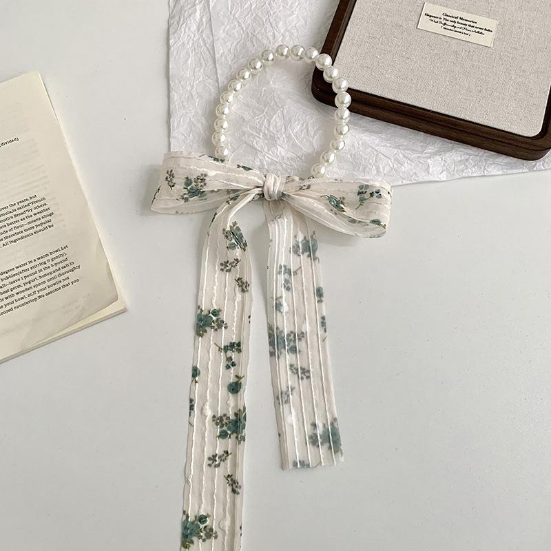 Silk Scarf Long Strip High-end Floral Pearl Necklace Small Scarf Streamer Hair Rope Silk Scarf Bag Winding Floral Headscarf
