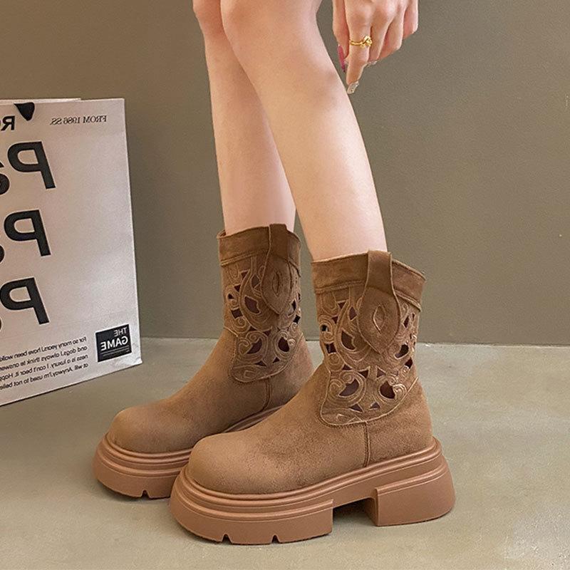 Spice Girl Hollow Western Cowboy Boots Women's 2025 Summer New Embroidered Thick Heel Vintage Maillard Mid-Leg Martin Boots