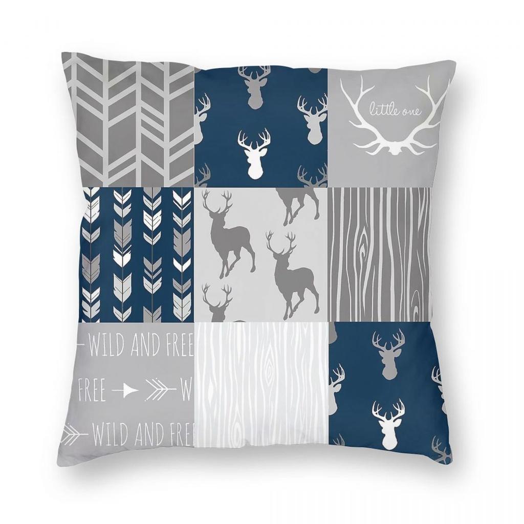 Patchwork Woodland Navy Grey Pillowcase Polyester Linen Velvet Pattern Zip Decorative Throw Pillow Case Home Cushion Case