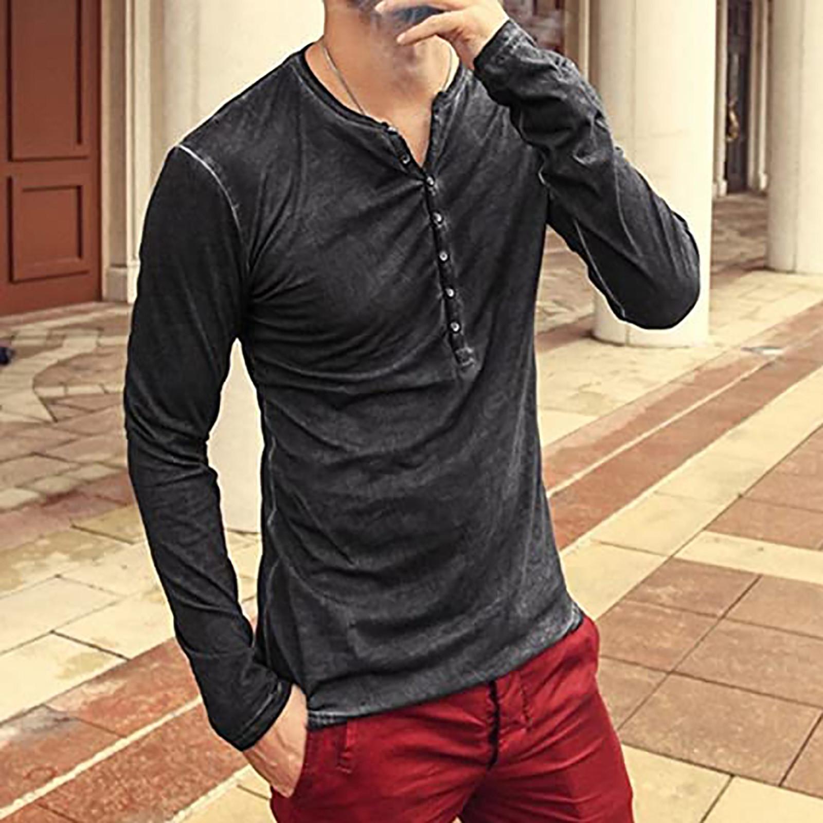 

Man V Neck Long Sleeve Shirts Button Slim for Shirt Leisure Color Top M чёрный