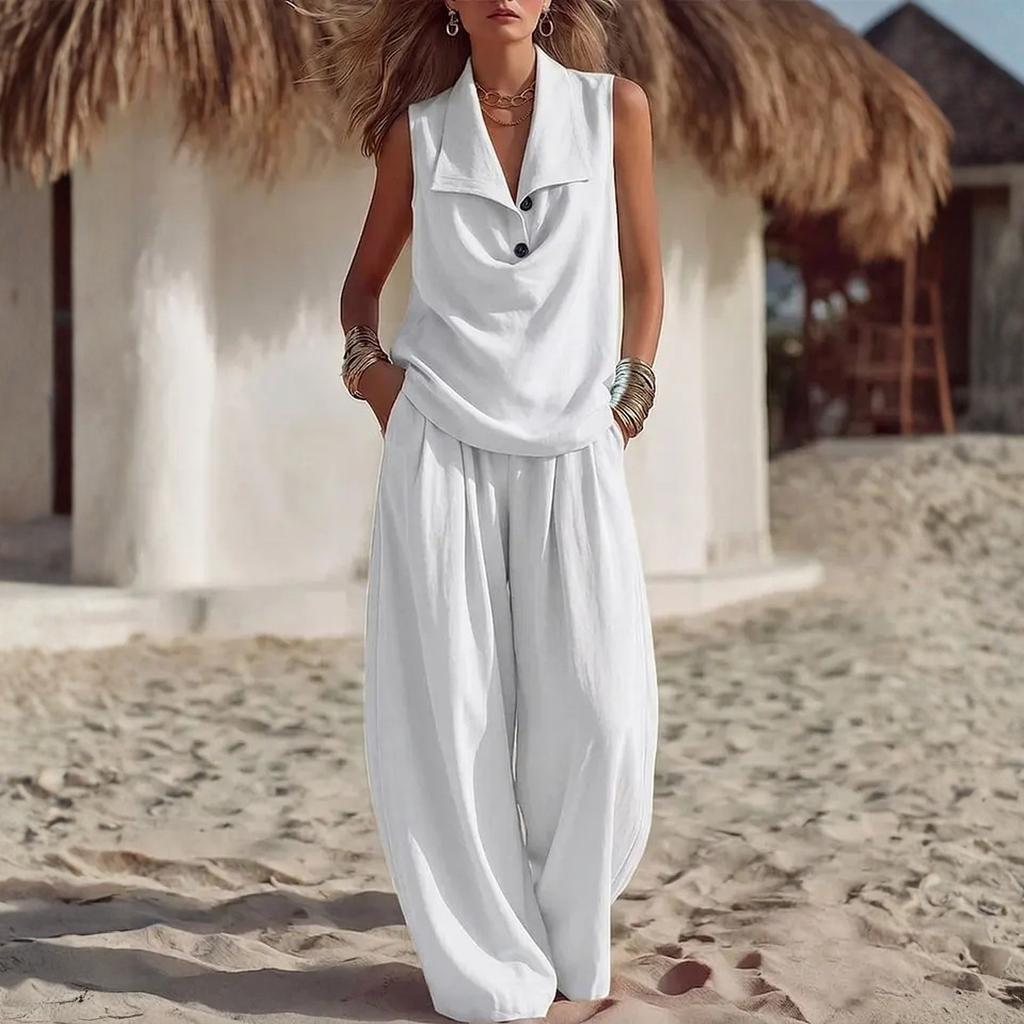 Women's Two Piece Set Sleeveless Collar Top and Wide Leg Pants Casual Loose Fit Outfit Suitable for Daily Wear and Relaxed Occasions