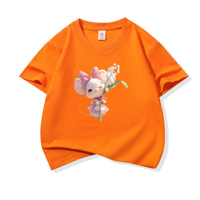 Kids Cotton T Shirt Sweet Mouse With Lily Flower Print Crew Neck Short Sleeve Tee Casual Boys Girls Summer Tops