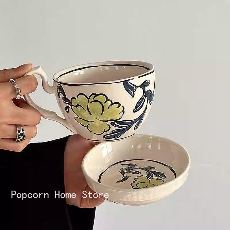 Retro Rural Style Large Capacity Ceramic Breakfast Cup with Crank Flowers Coffee Cup Dish Cups Lid Set Household Milk Mug Gift