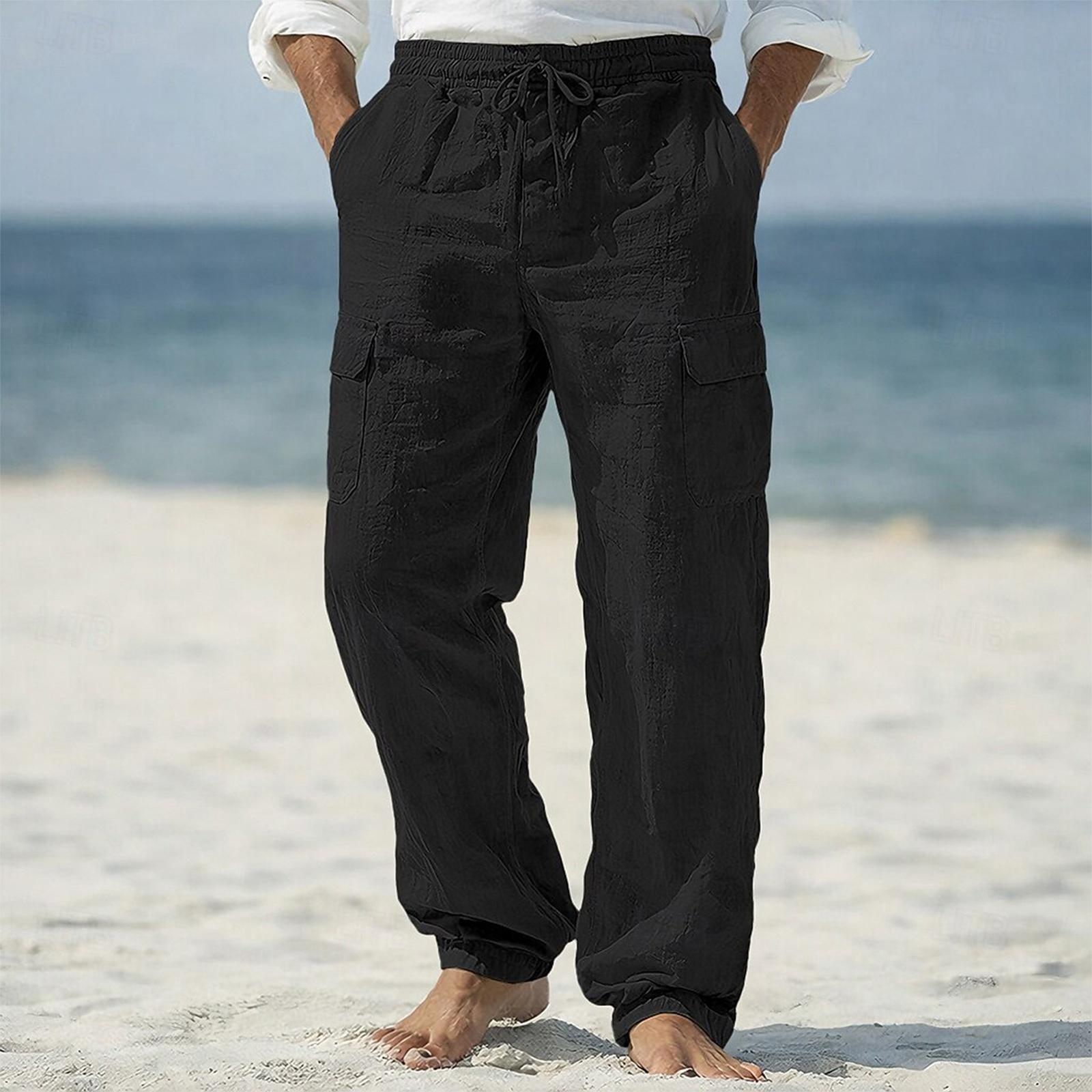 

Men s Cotton Linen Loose Fit Cargo Pants Breathable Lightweight Multi Pocket Drawstring Waist Wide Leg Trousers for Casual Outdoor Work XXXL чёрный