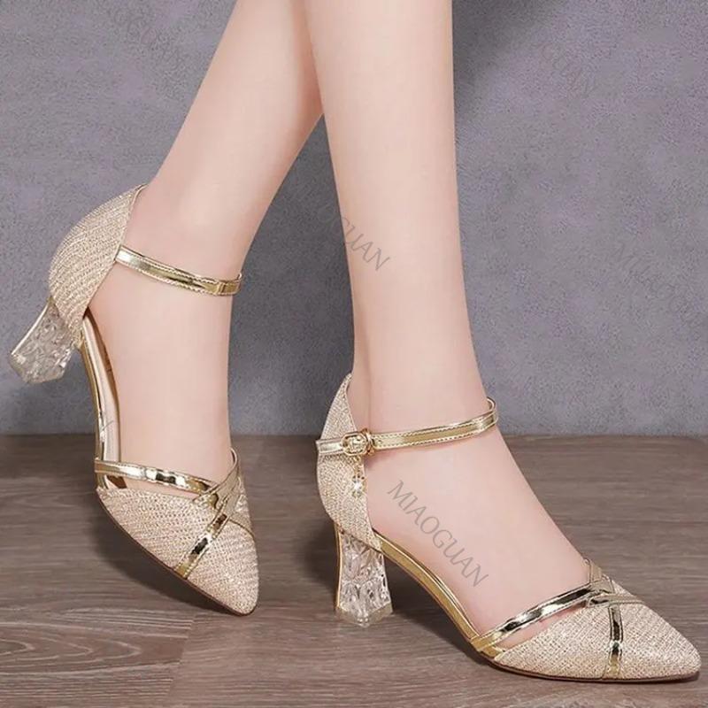 Gold Women Sandals Party High Heels Ankle Buckle Solid Sexy for Ladies Wedding Party Nightclub Sequin Heeled Shoes for Women