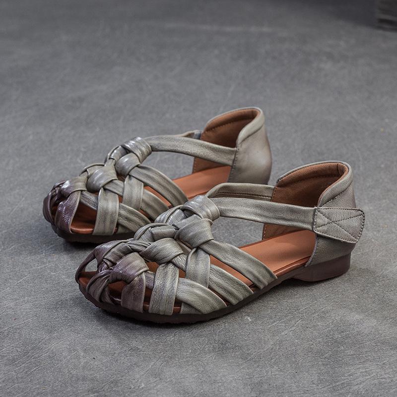 

Johnature Ретро натуральная кожа плетеные сандалии на низком каблуке повседневные универсальные дышащие женские туфли 35 серый
