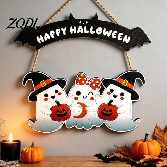 Festive Party Props Happy Halloween Ghost Door Sign, Wooden Three Sign Hanger, Front Wall Hanging Supplies
