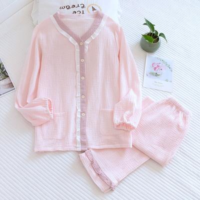 Frühling und Herbst neue Damen-Pyjamas, langärmelige Hosen, zweiteiliges Set, 100 % Baumwoll-Crêpe, V-Ausschnitt, einfarbig, frisches Homewear-Set