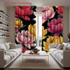 2D Flat, 2pcs Elegant Floral Curtains - Black Background with Pink, Yellow, White Peonies - Light Blocking Window Drapes - Machi