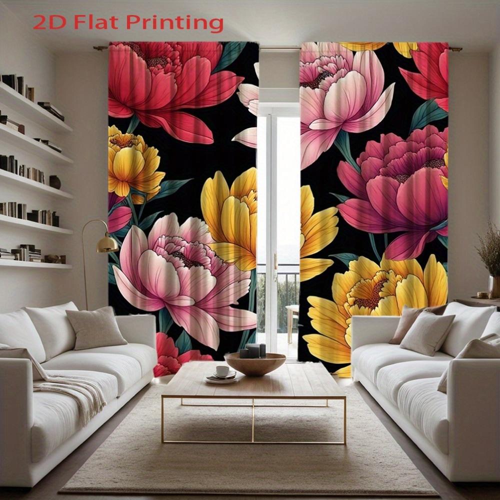 2D Flat, 2pcs Elegant Floral Curtains - Black Background with Pink, Yellow, White Peonies - Light Blocking Window Drapes - Machi
