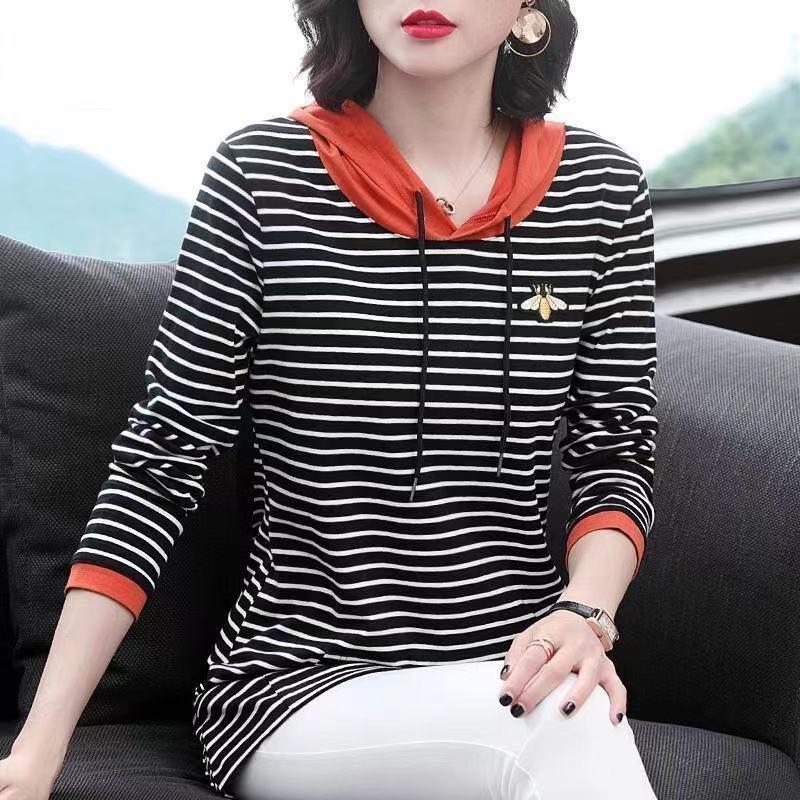 2025 Spring & Autumn Hooded Striped Sweatshirt for Middle-Aged & Plus Size, Mid-Length Mother's Wear