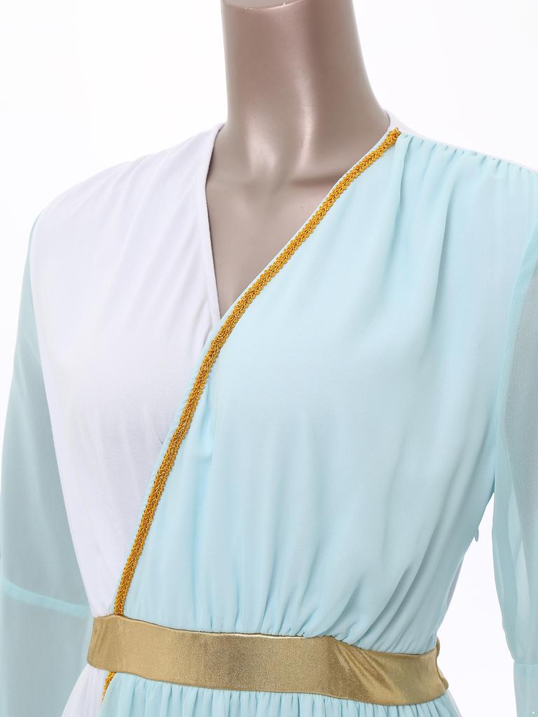 Womens Greek Costume Roman Queen Princess Ancient Toga Gown V Neck Long Sleeve Contrast Fancy Dress