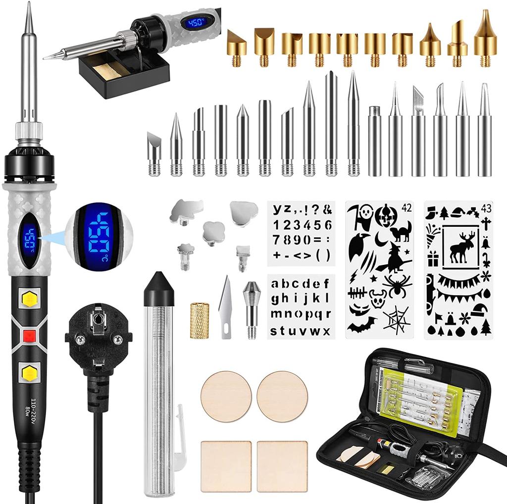 45 IN 1 Soldering Iron Kit 80W Pyrography Set Temperature Adjustable for Cork Leather Engraving Wood Carving