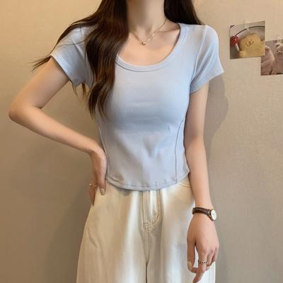Mode koreanische blau Frauen T-shirts sommer kurzarm U-neck beiläufige Dünne solide Einfache unregelmäßige kurze t shirt Damen y2k crop Tops Kleidung