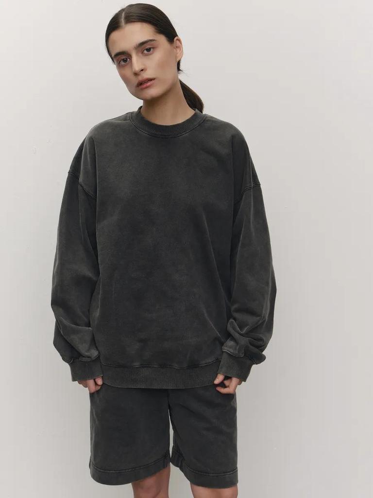 Trendiges Amerikanisches Retro Schwarzes Distressed Rundhals-Sweatshirt – Lockere Passform, Street Style, Einfarbig, Perfekt für Frühling & Herbst