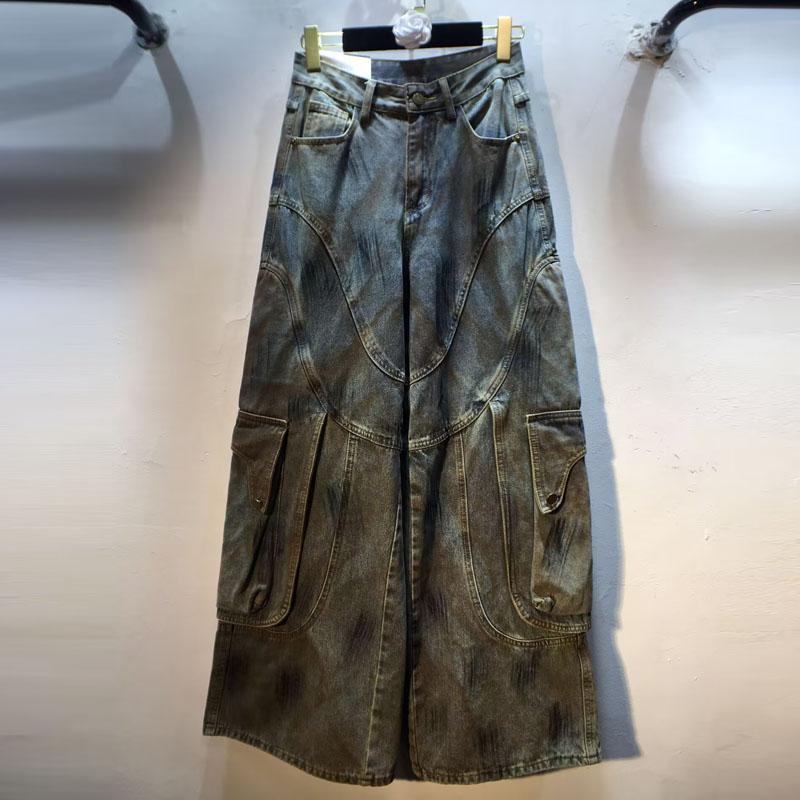 European Station Autumn Clothing New High Waist Skinny Painted Multi-Pocket Wide Leg Straight Jeans Trousers Women's Pants