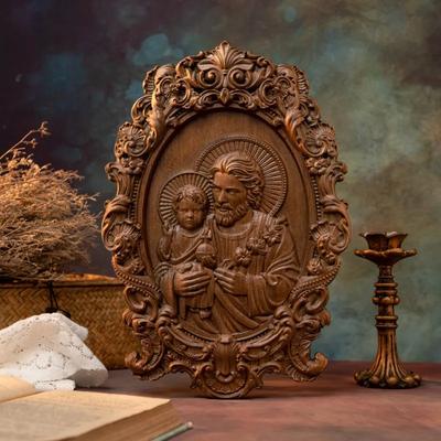 Holzschnitzerei Religiöse Heiliger Josef Ikonen Geschenk, Wandkunstwerk Figurenschnitzerei Katholische Heimdekoration