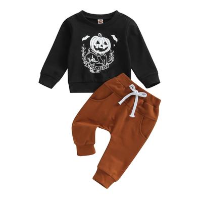 Toddler Boy Autumn Clothes Set, Pumpkin Print Long Sleeve Crew Neck Sweatshirt + Elastic Waist Trousers Halloween Outfits