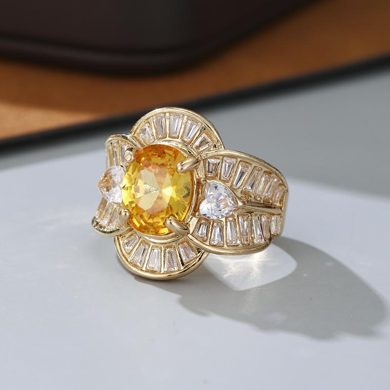 Vintage Luxury Sparkling Yellow Color Oval Inlaid Zircon Ring, Women s Fashion Trend Banquet Party Zircon Gift 8