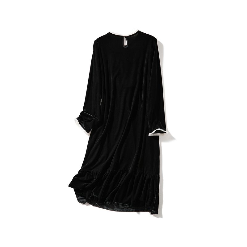 French Style Light Luxury Long Black Dress! Daya Women's Long Sleeve A Word Real Velvet Beads Mesh Stitching Dress Over the Knee