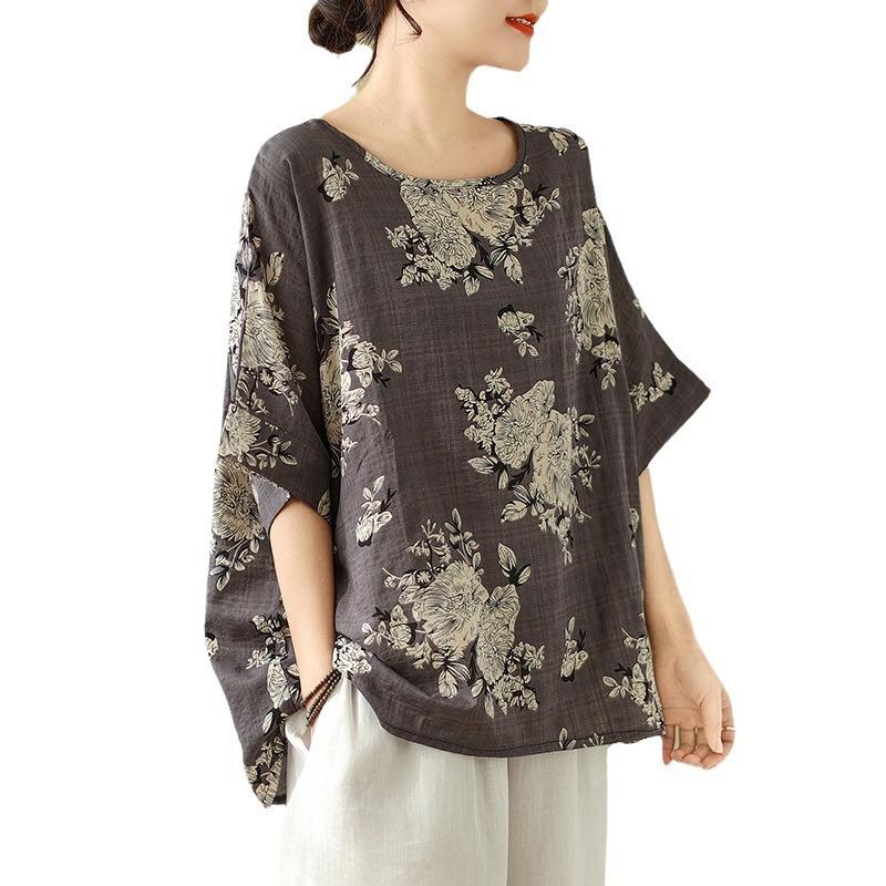 Damen Leinen Baumwolle Blumenmuster Bluse Freizeit Fledermausärmel Locker geschnittenes Hemd