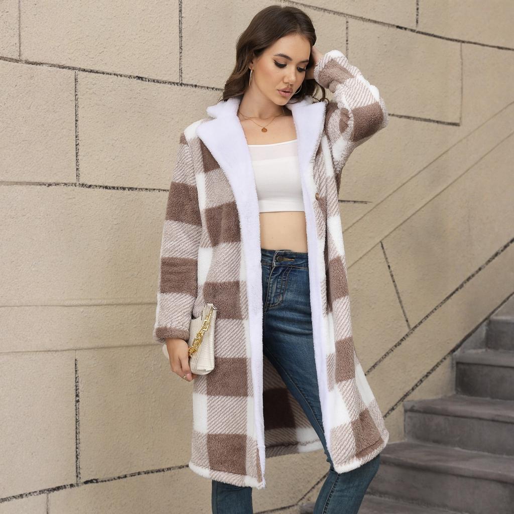 Women's Fashion Casual Warm Thickened Two-Color Plush Mid-Length Hooded Button Cardigan Coat