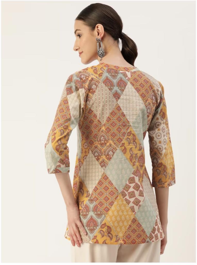 Woman Mustard Printed Pintucks A-line Top