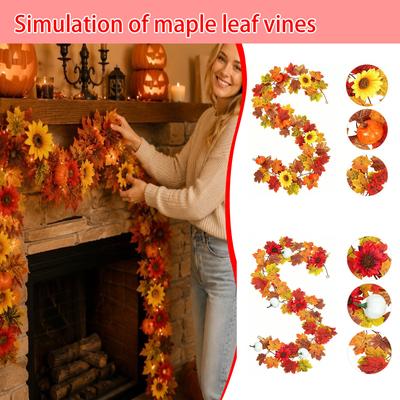 Künstliche Ahornblatt-Girlande mit Sonnenblumen- und Kürbisakzenten für Herbsternte, Thanksgiving, Halloween Wanddekoration 175cm