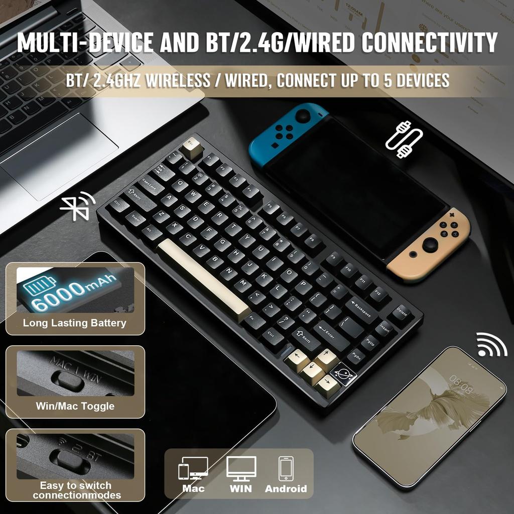 YUNZII AL75 PRO Gaming Mechanical Keyboard with and Wired 3 Aluminum PBT Gasket for and Technical Standards Certification Tactile 80-Key Wireless,
