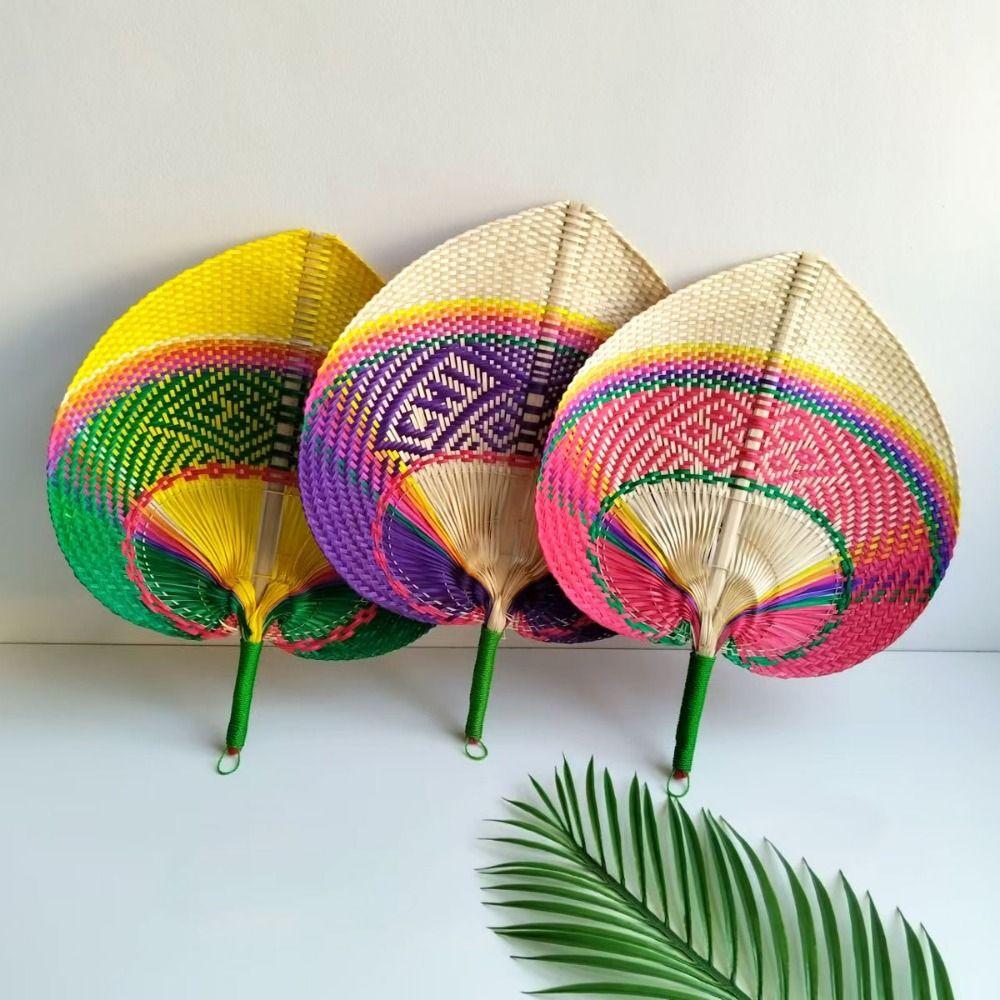 Chinese Style Hand-woven Fan Bamboo Heart Shaped Fan Weave Crafts Colorful Bamboo Fan  Cooling