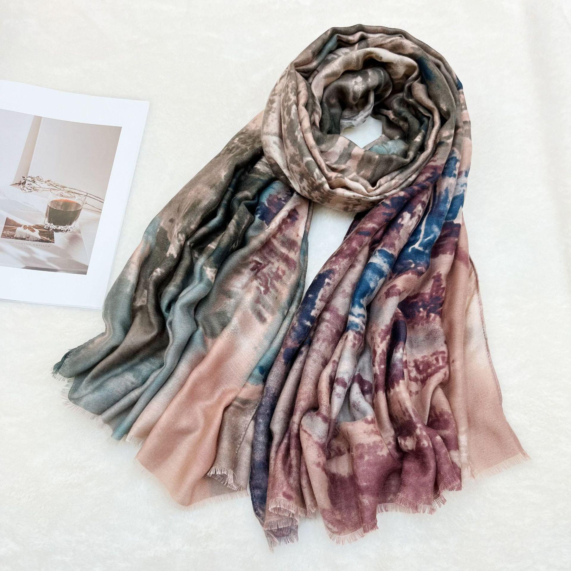 

Spring & Autumn Watercolor Satin Tie-Dye Shawl – Soft, Warm, Versatile Scarf for Travel & Sun Protection Over 175cm хаки