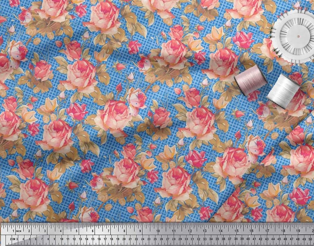 Soimoi Japan Crepe Satin Stoff Sjekk, Blader & Rose Blomstertrykk Sy Stoff meter 42 tommer